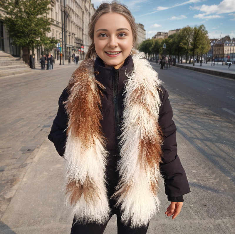 Tibetan / Mongolian lamb fur Scarf - White with natural spotted