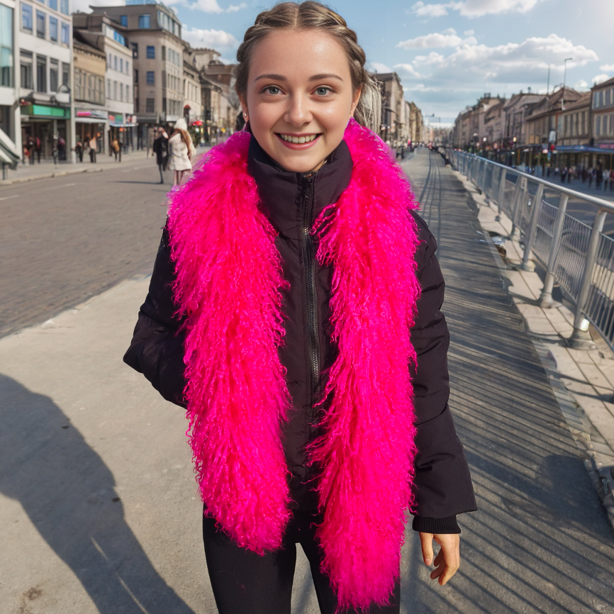 Tibetan / Mongolian lamb fur Scarf - Hot Pink