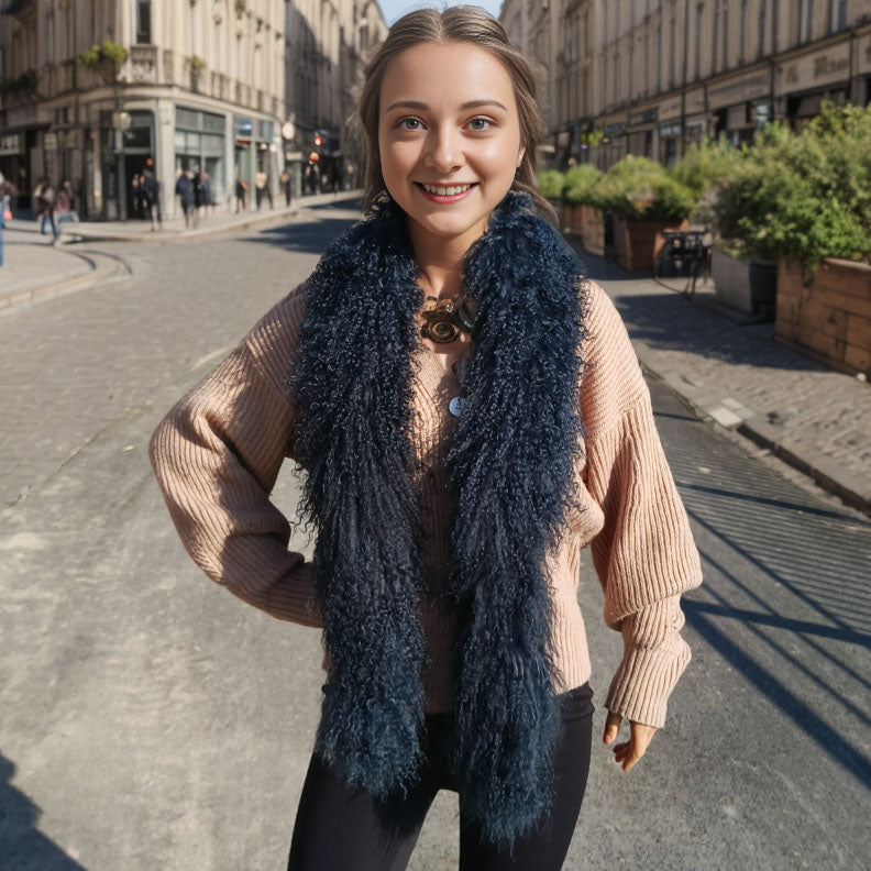 Tibetan / Mongolian lamb fur Scarf - Dark Blue