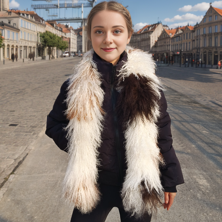 Tibetan / Mongolian lamb fur Scarf - White with natural spotted