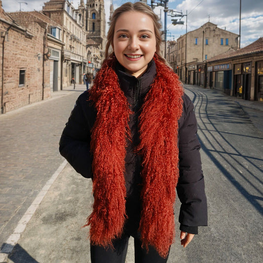 Tibetan / Mongolian lamb fur Scarf - Rusty Red