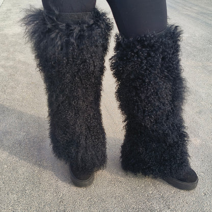 Mongolian / Tibetan lamb fur Leg Warmers Black