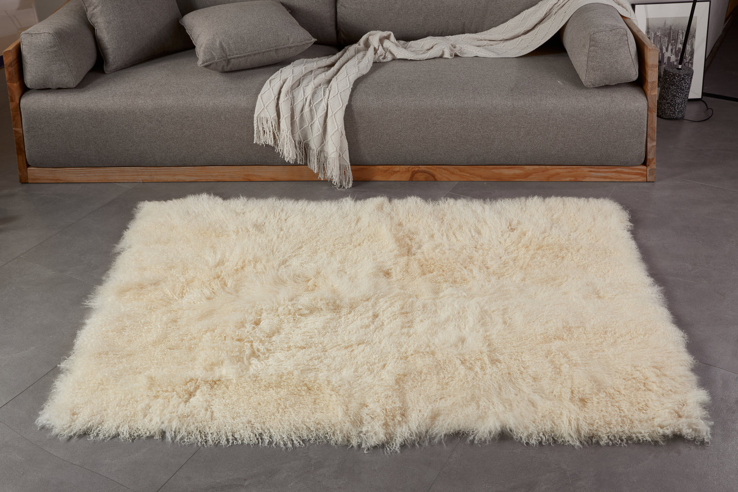 Mongolian /Tibetan lamb fur rug beige