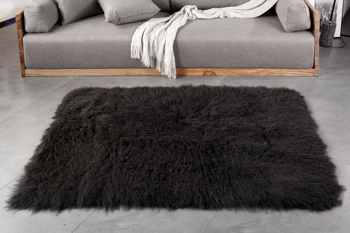 Mongolian /Tibetan lamb fur rug Charcoal