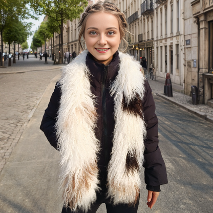 Tibetan / Mongolian lamb fur Scarf - White with natural spotted