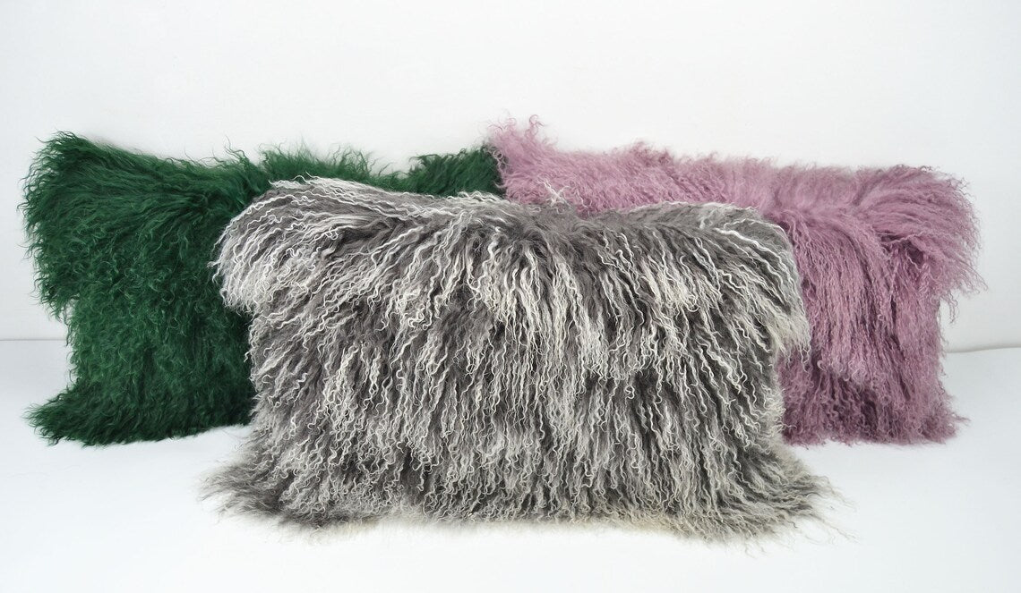 Tibetan/Mongolian Lamb Fur Pillow Cover Frosted Grey