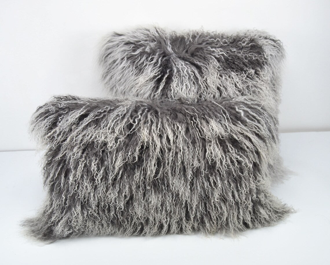 Tibetan/Mongolian Lamb Fur Pillow Cover Frosted Grey