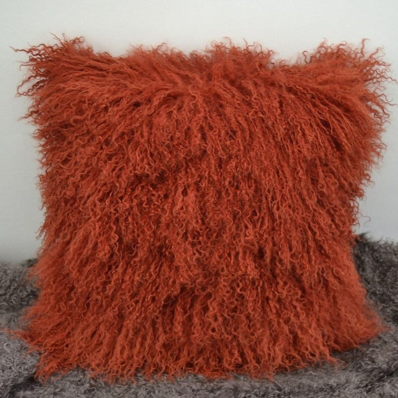 Tibetan/Mongolian Lamb Fur Pillow Cover Rusty Red