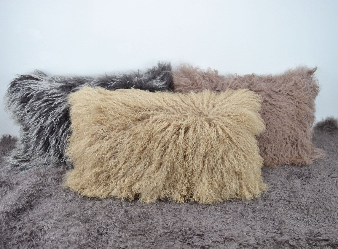 Tibetan/Mongolian Lamb Fur Pillow Cover Dark Beige