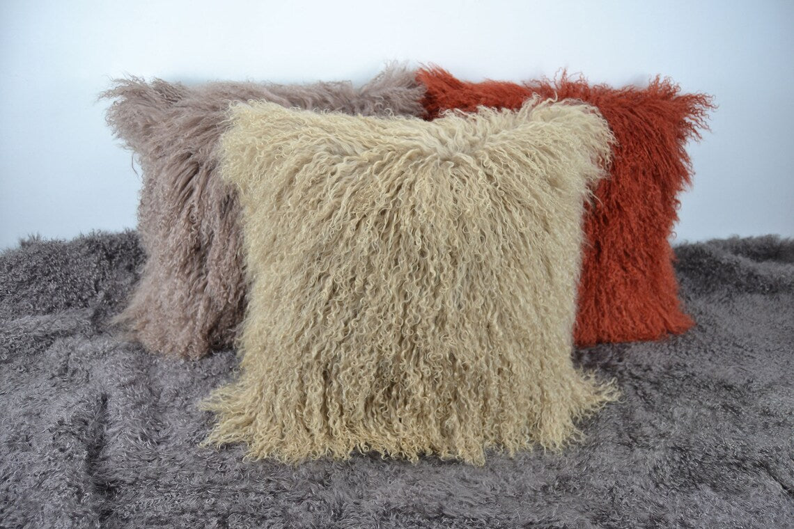 Tibetan/Mongolian Lamb Fur Pillow Cover Dark Beige