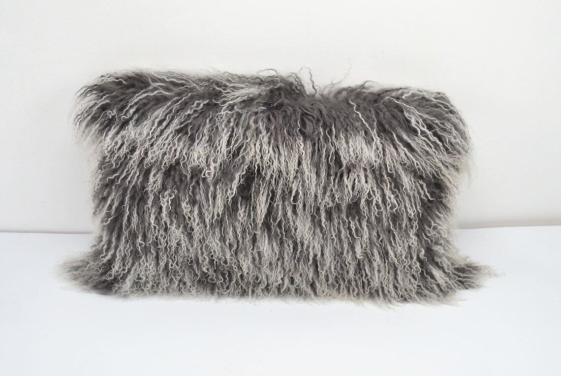 Tibetan/Mongolian Lamb Fur Pillow Cover Frosted Grey