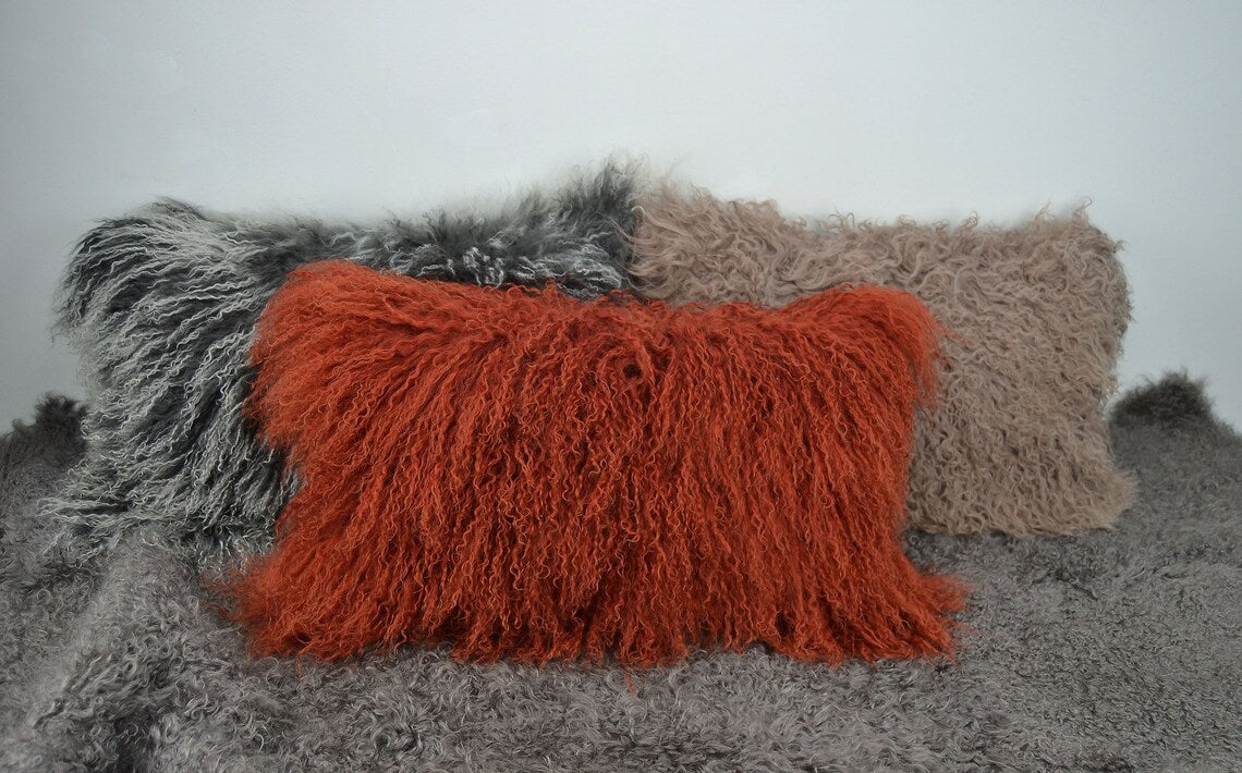 Tibetan/Mongolian Lamb Fur Pillow Cover Rusty Red