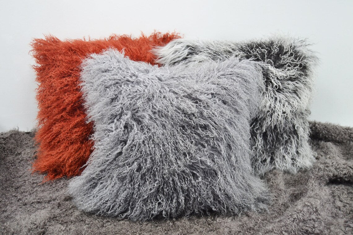 Tibetan/Mongolian Lamb Fur Pillow Cover Grey