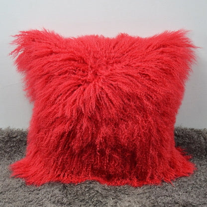 Housse de coussin en fourrure d'agneau tibétaine/mongole rouge 