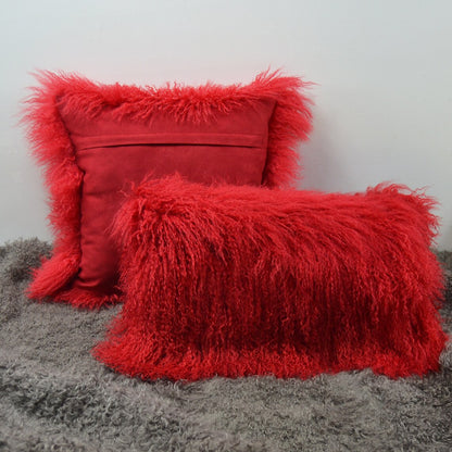 Housse de coussin en fourrure d'agneau tibétaine/mongole rouge 