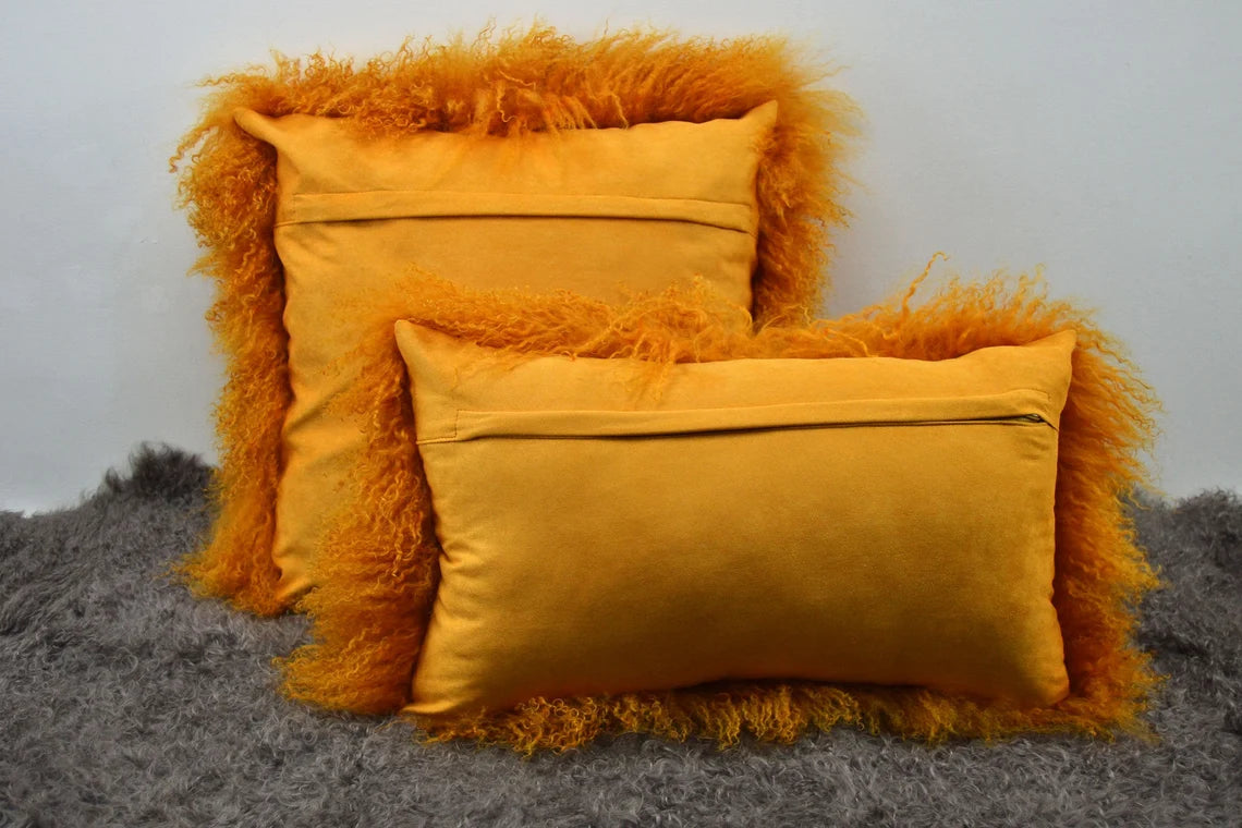 Tibetan/Mongolian Lamb Fur Pillow Cover Curcumin Yellow