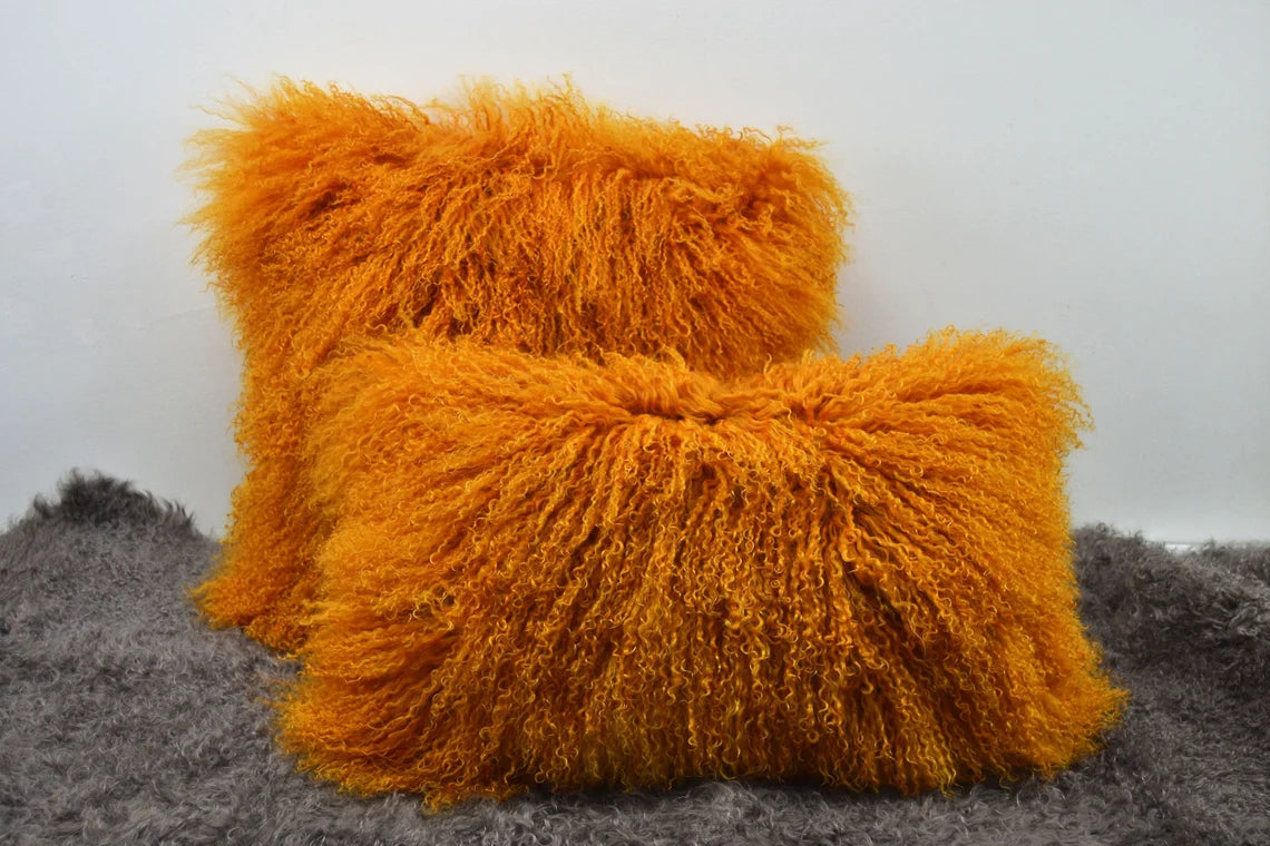 Tibetan/Mongolian Lamb Fur Pillow Cover Curcumin Yellow