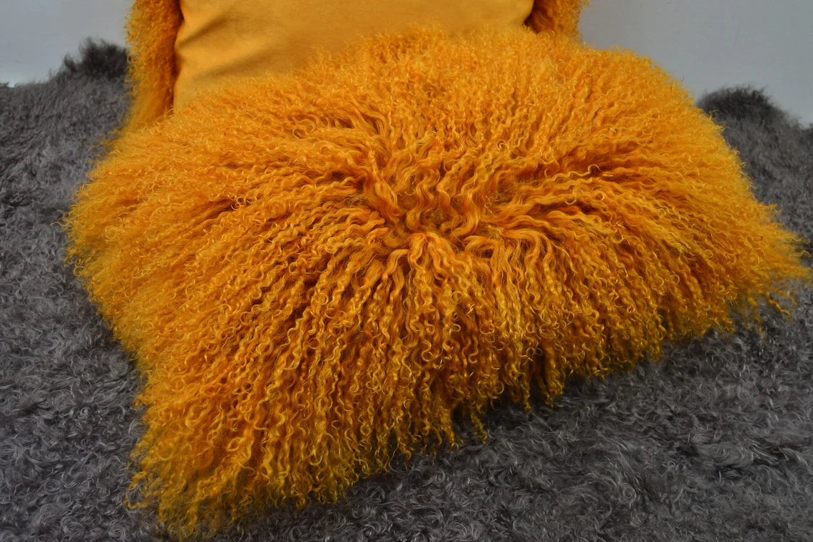 Tibetan/Mongolian Lamb Fur Pillow Cover Curcumin Yellow