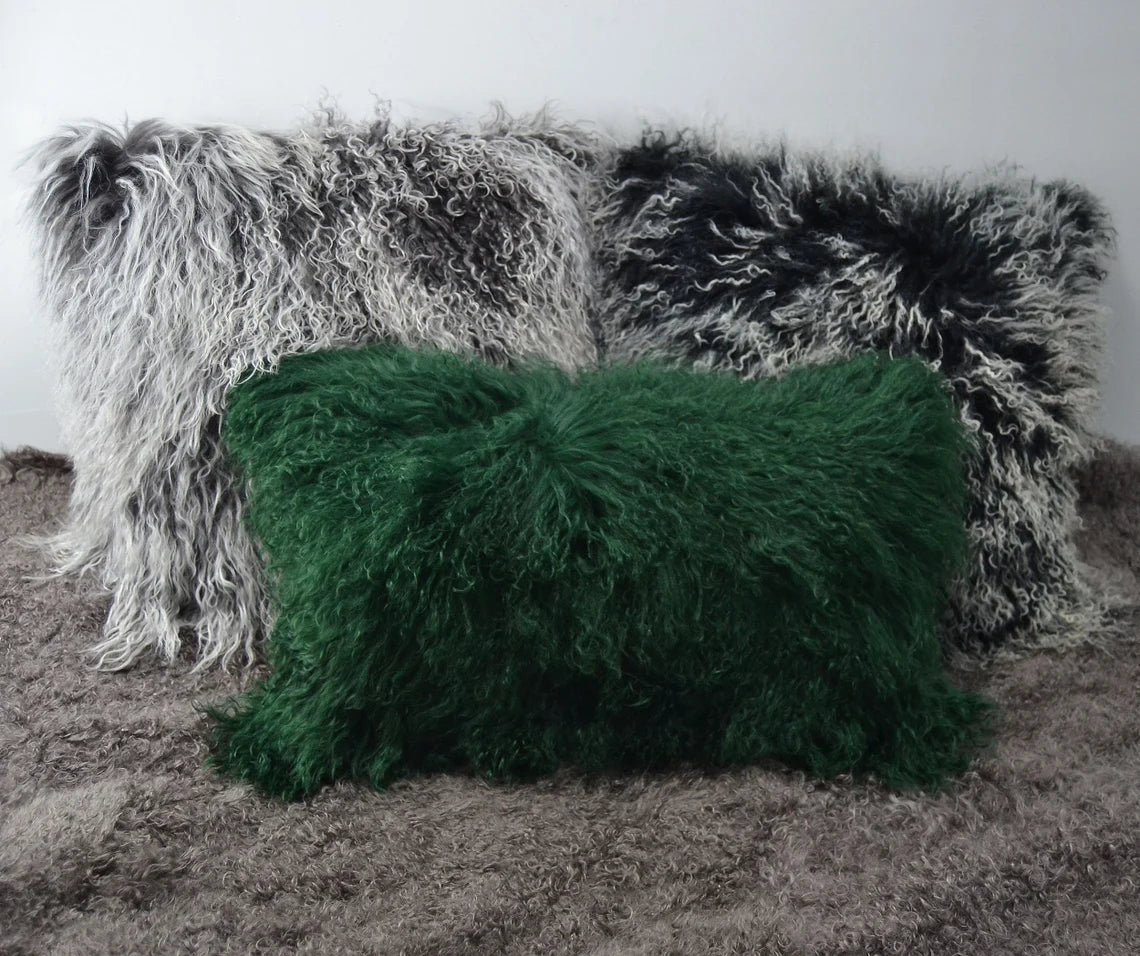 Tibetan/Mongolian Lamb Fur Pillow Cover Vintage Green