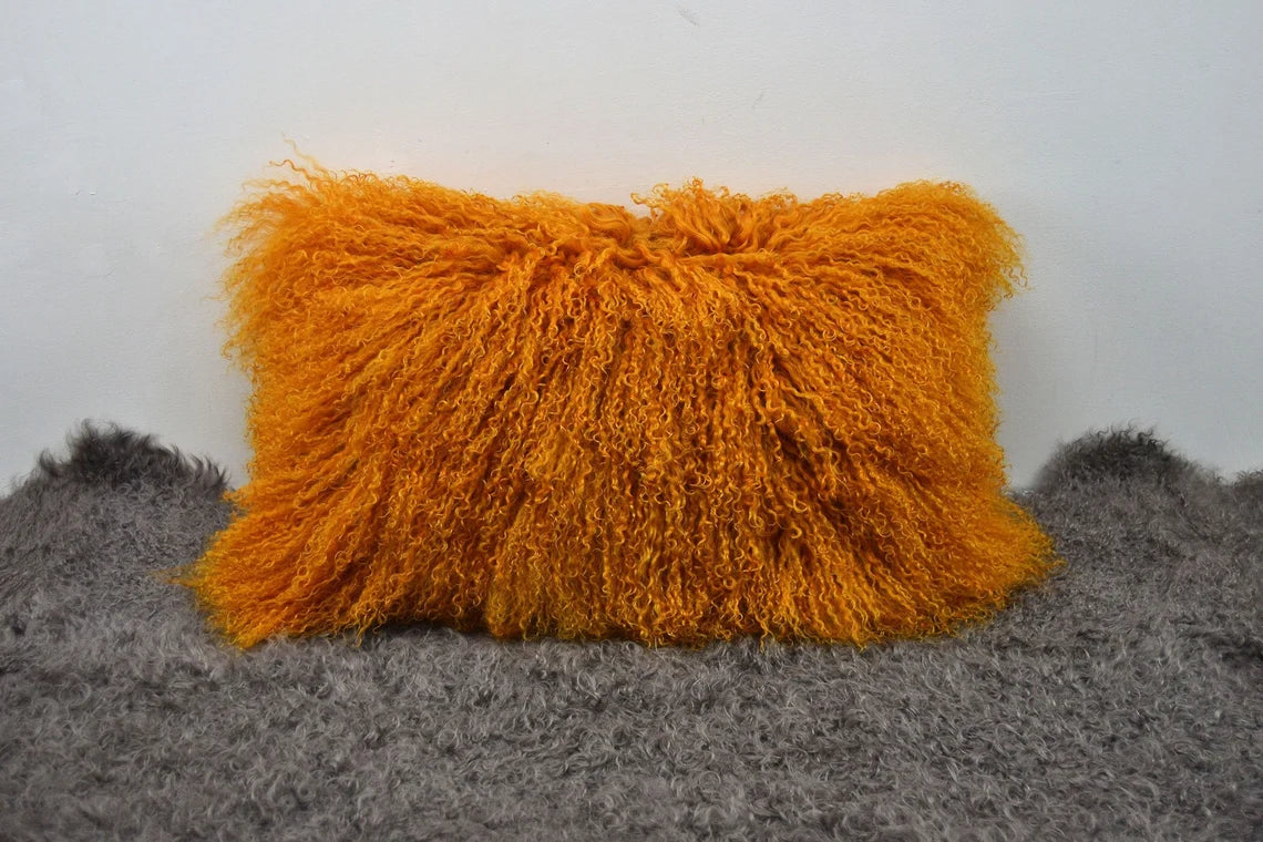 Tibetan/Mongolian Lamb Fur Pillow Cover Curcumin Yellow